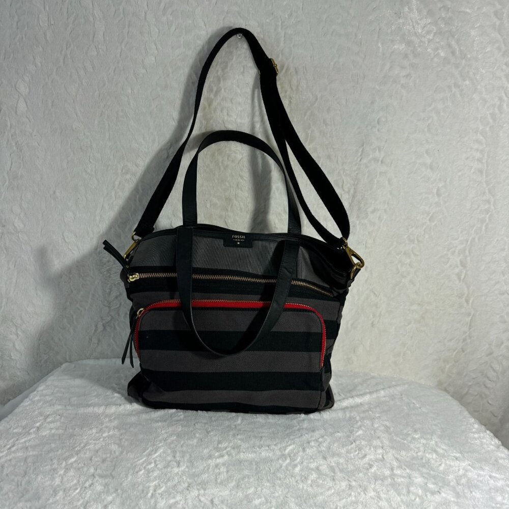 ✔️Fossil Tote, Striped Canvas, Leather Accents, Dual Handles, Long Strap